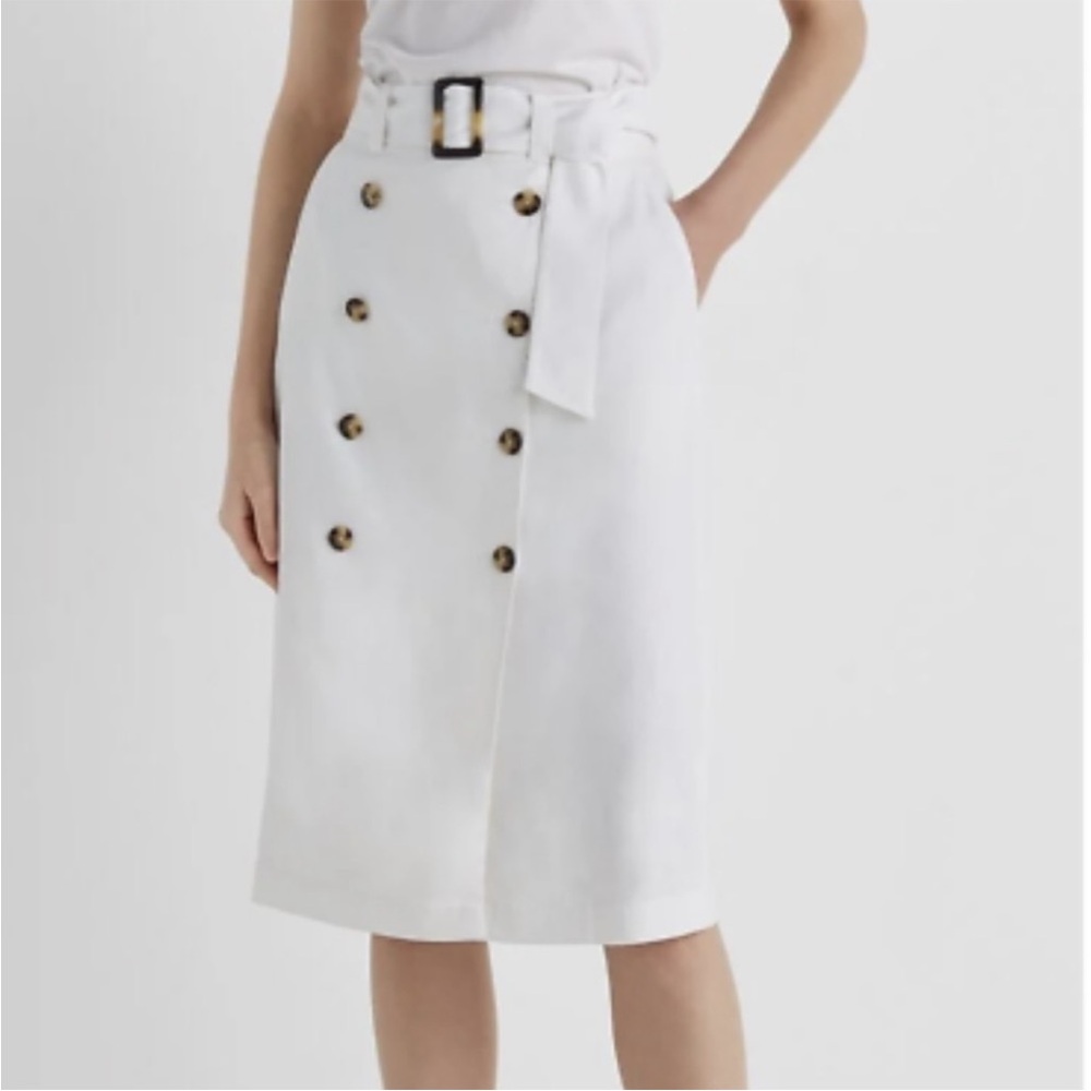Club Monaco White Linen Blend Midi Skirt with Belt